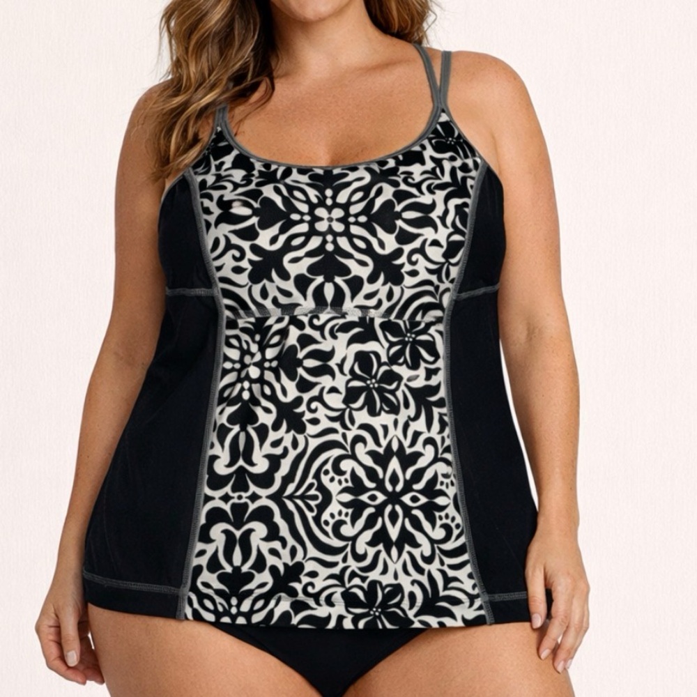 Lands End Black & White Floral Tankini Top Sz 14